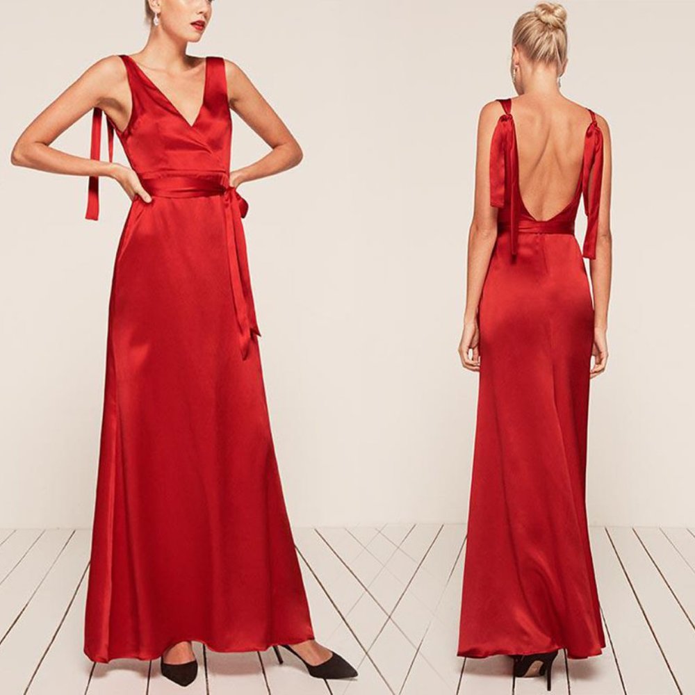 NWT Reformation Siena Satin Silk Cherry Red Maxi V-Neck Dress size 0 XS NEW